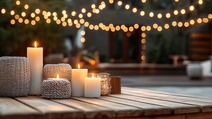 Serene outdoor candles with warm bokeh lights in a cozy setting.