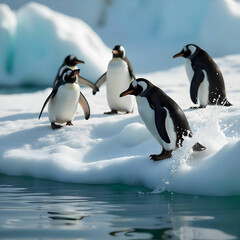 Obraz premium A group of clumsy penguins tries to surf on icebergs, with one penguin making a splash as it hilariously tumbles into the water