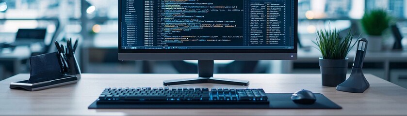 Fototapeta premium A coder's desk with a focus on the keyboard and monitor showing a code editor, with a blurred background offering extensive copy space.