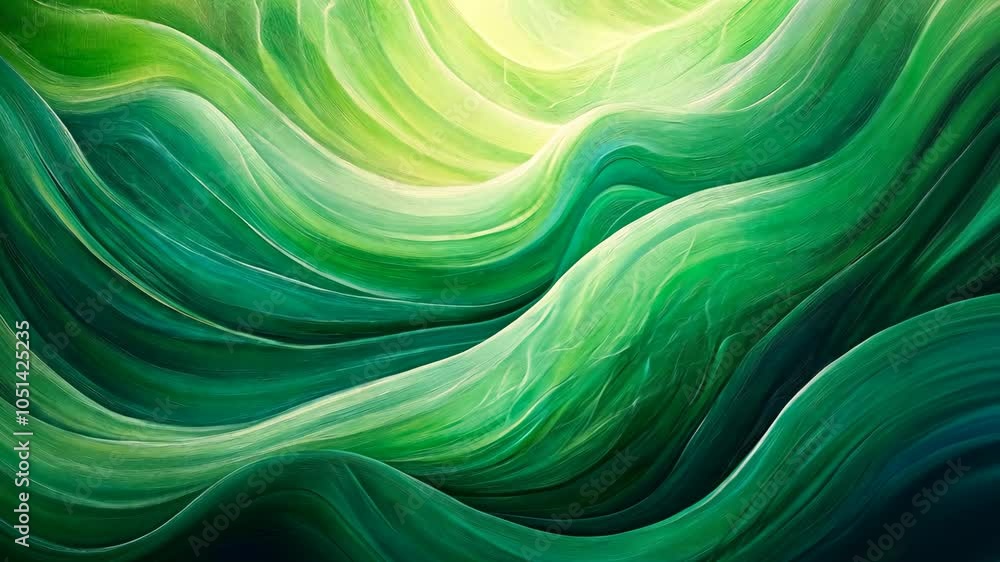 Poster a close-up view of abstract green waves, illuminated by a bright light source