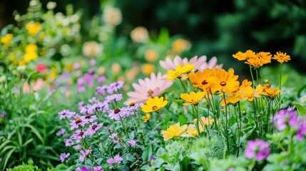 Obraz premium Close-up of bright, colorful daisies in full bloom in a summer garden, glowing in warm sunlight and creating a cheerful, vibrant scene.