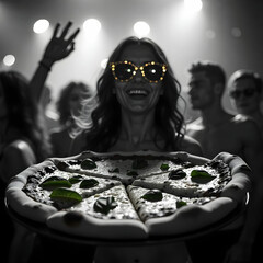 A joyful slice of pizza, sporting cool sunglasses, dances at a lively disco party, surrounded by sparkling disco balls and vibrant colorful lights,
