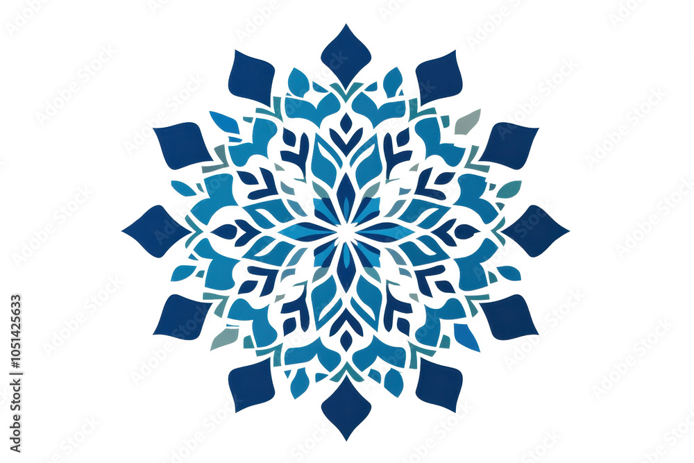 Poster intricate geometric blue snowflake design with symmetrical patterns, perfect for winter-themed proje