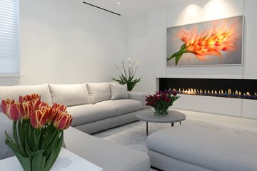 White and grey interior with a sectional sofa, tulips, fireplace, and art.