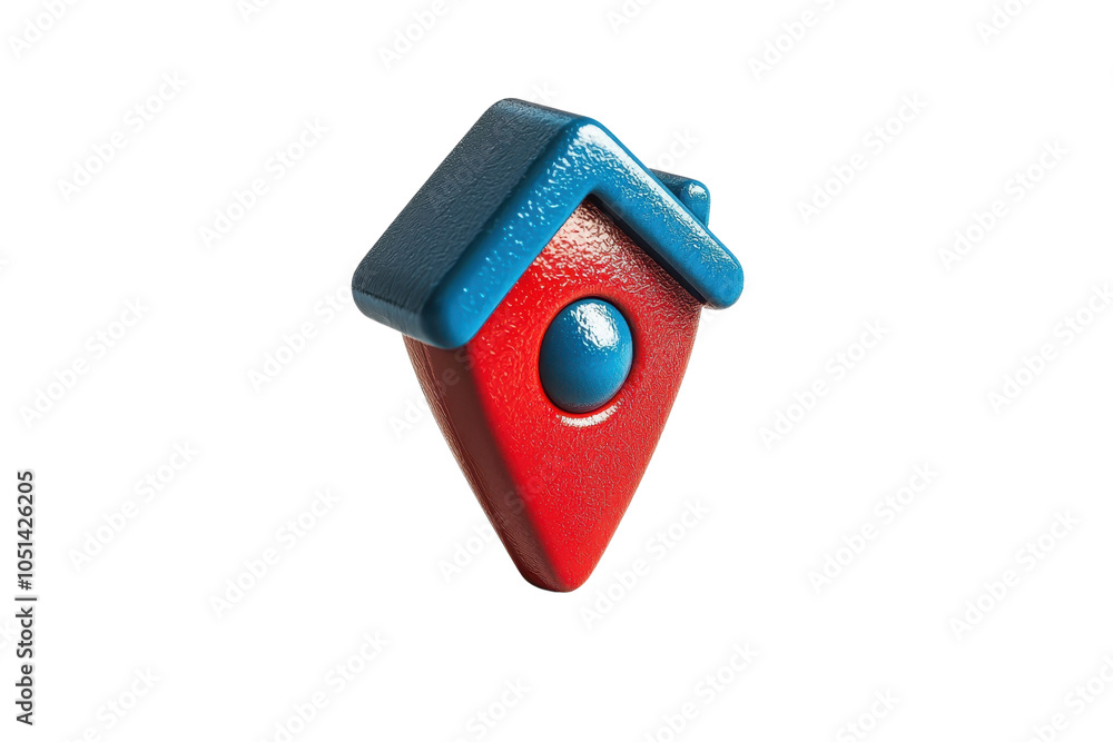 Poster red and blue 3d navigation pin icon resembling a house, representing location and direction in digit