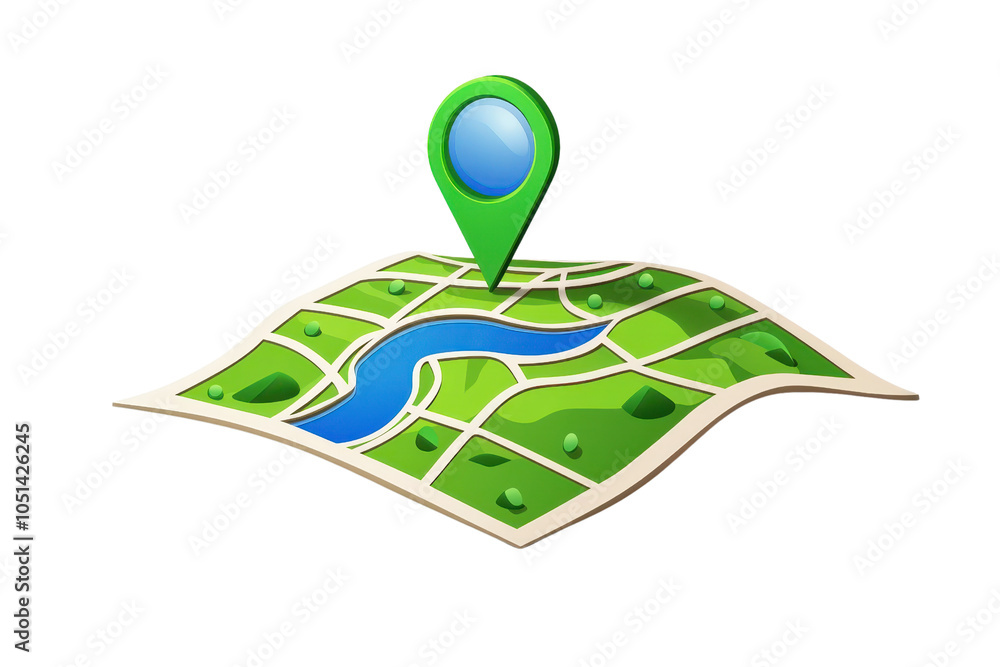 Poster illustration of a colorful map with a location pin, showcasing navigation and geographic concepts in