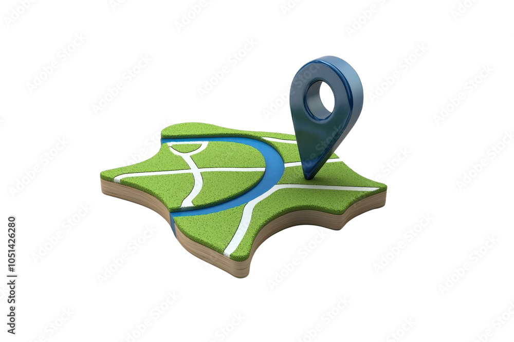 Poster 3D illustration of a map with a pin marker highlighting navigation and location concepts on a stylized surface.