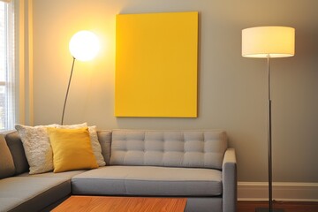Modern living room with yellow artwork, a lamp, and comfy grey sofa.
