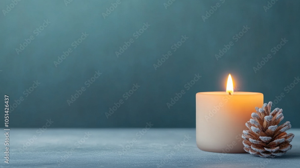 Poster a lit candle next to a pinecone on a textured surface, creating a calming atmosphere.