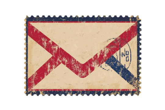 Vintage envelope with red and blue airmail design, featuring a nostalgic worn look and postmark detail, ideal for retro-themed projects.