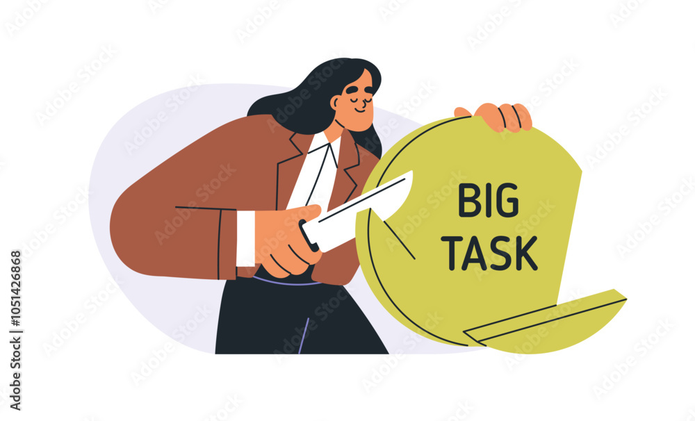 Poster Big task breakdown, project break-down concept. Woman dividing large problem into smaller pieces, small steps. Reducing workload for productivity. Flat vector illustration isolated on white background