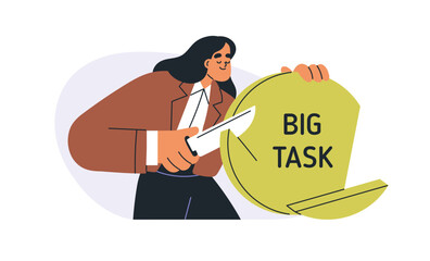 Big task breakdown, project break-down concept. Woman dividing large problem into smaller pieces, small steps. Reducing workload for productivity. Flat vector illustration isolated on white background