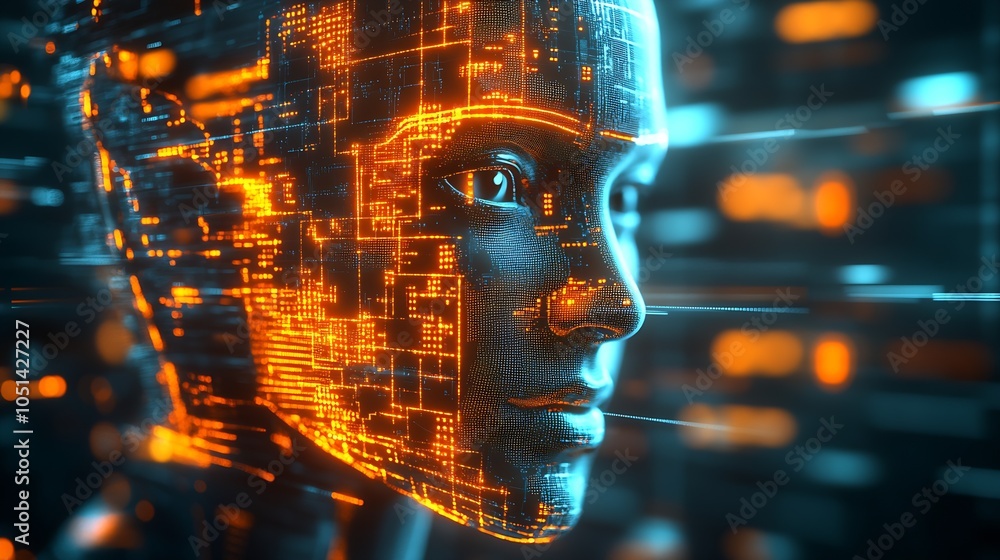 Poster High Tech Cyber Human Face in Orange Digital Patterns and Glows : Generative AI