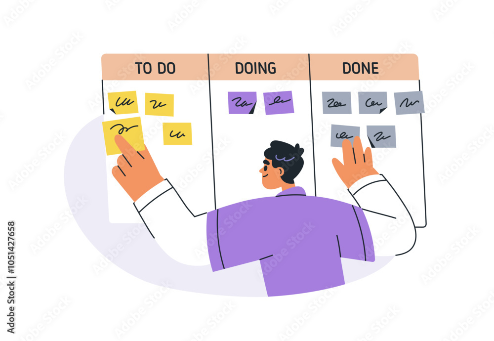 Poster Task management with kanban planning board. Man tracking, controlling completion progress with notes. Work organization, productivity concept. Flat vector illustration isolated on white background