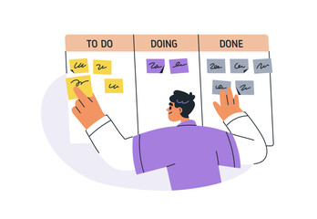 Task management with kanban planning board. Man tracking, controlling completion progress with notes. Work organization, productivity concept. Flat vector illustration isolated on white background
