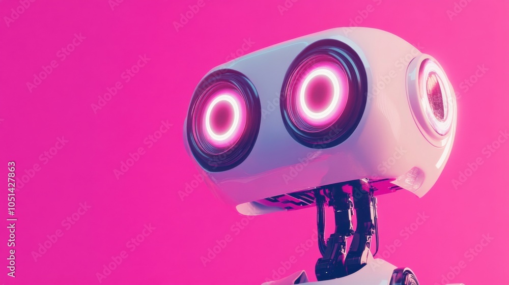 Aufkleber futuristic robot with illuminated eyes set against a pink background representing ai technology