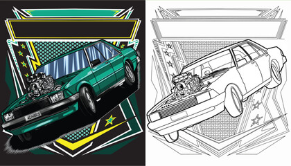 Outline green and painted racing car. Isolated in white background, for t-shirt design, print, and for business purposes. © wendy