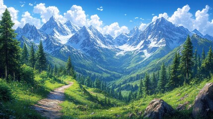 Obraz premium A winding path through a lush forest with snow-capped mountains in the distance