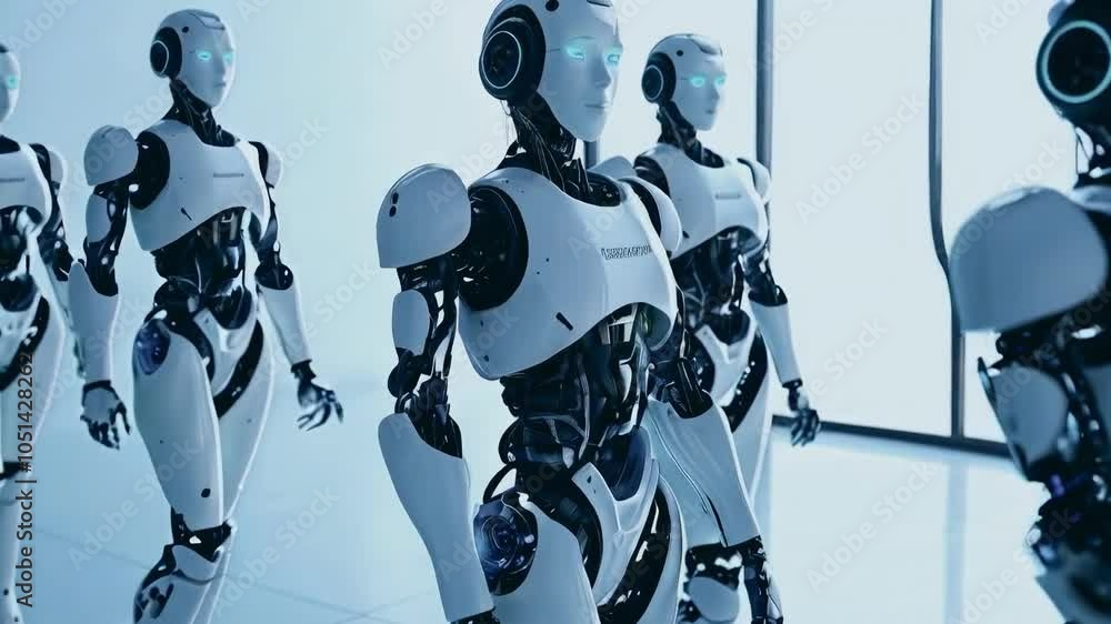 Poster futuristic robots with glowing features in a modern setting.