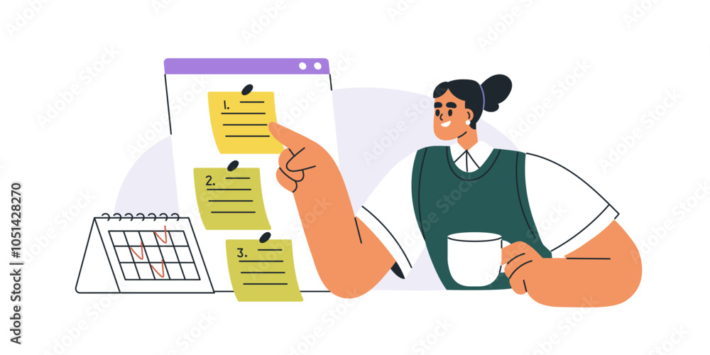 Poster task and time management with daily to-do list. woman organizing business, work with calendar, check