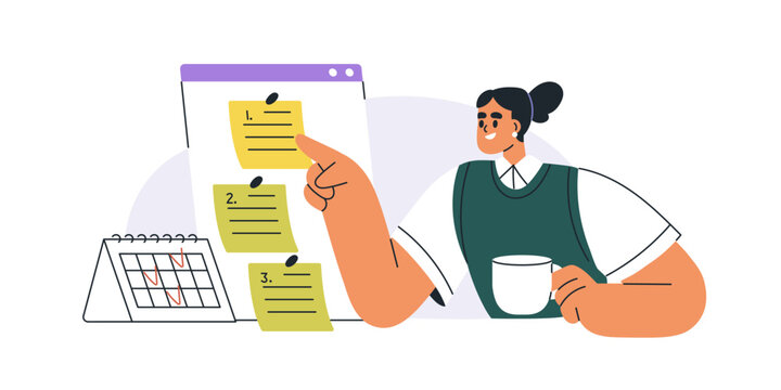 Task and time management with daily to-do list. Woman organizing business, work with calendar, checklist, sticky note. Effective planning concept. Flat vector illustration isolated on white background