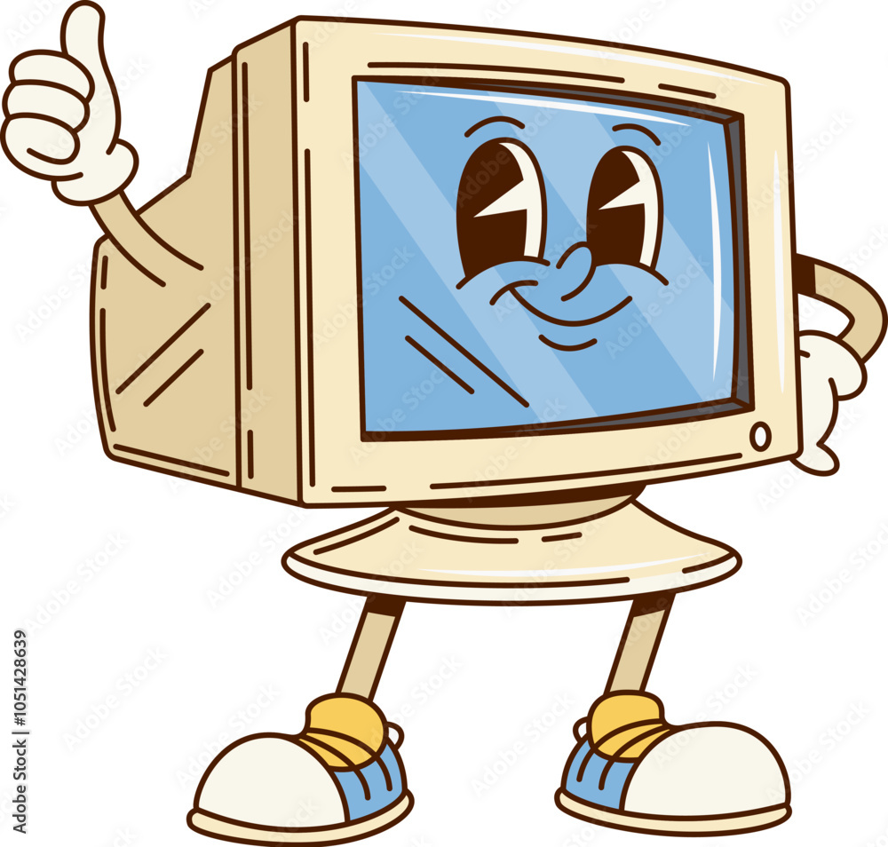 Poster groovy retro computer monitor display character with funny face, cartoon vector. groovy funky old de