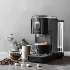 Black Coffee Maker with Silver Accents and Coffee Setup on Table