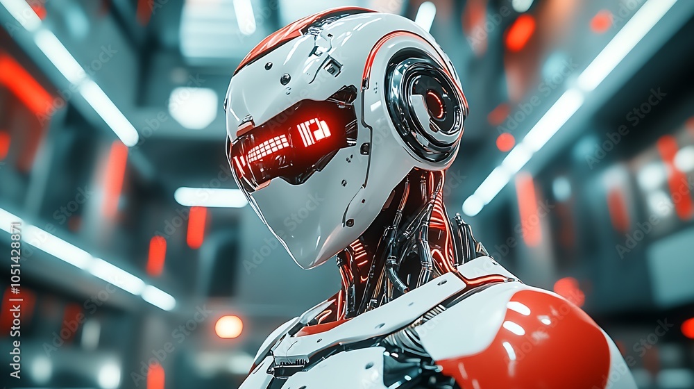 Poster Advanced Sci Fi Robot with Integrated LED Lights and Red Highlights : Generative AI