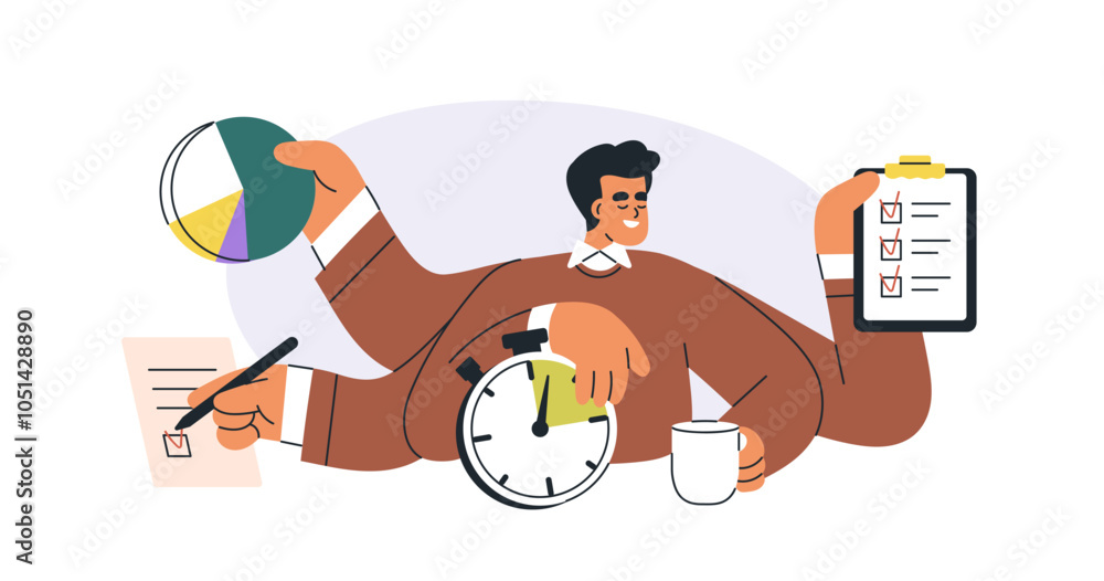 Poster Multitasking work and time management concept. Business man coping with multiple tasks, workflow to meet deadlines. Efficiency and productivity. Flat vector illustration isolated on white background