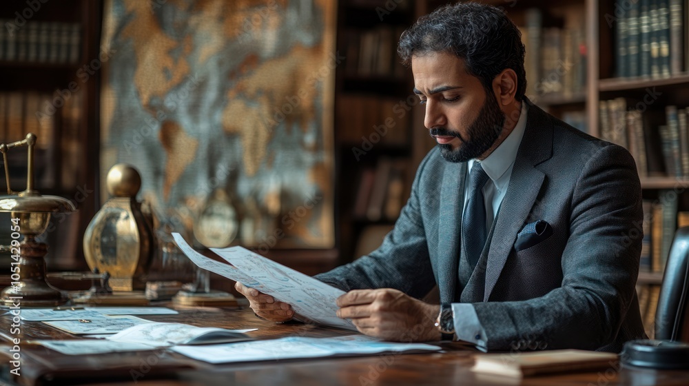 Poster man in suit examining documents at a desk in a library