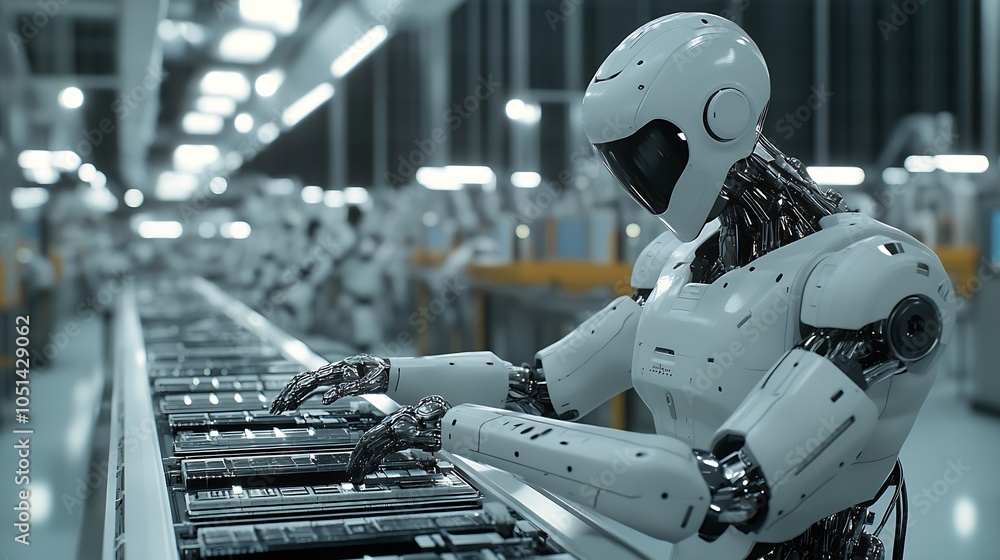 Poster intelligent robot working on assembly line in high-tech manufacturing facility : generative ai