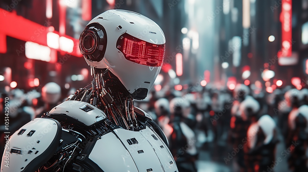 Aufkleber humanoid robot in high-tech urban environment with bright neon red details and futuristic design : g