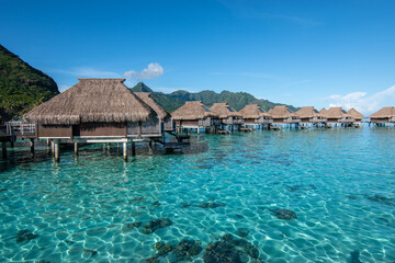 Moorea Lagoon Landscape with Overwater Bungalows, French Polynesia     