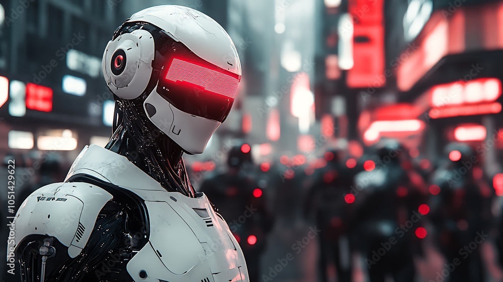 Poster advanced cyborg in red-lit cyberpunk city at night exploring digital era evolution themes : generati
