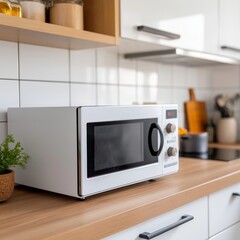 Fototapeta premium Close-Up of Microwave Oven in a Modern, Stylish, and Tidy Kitchen Setting