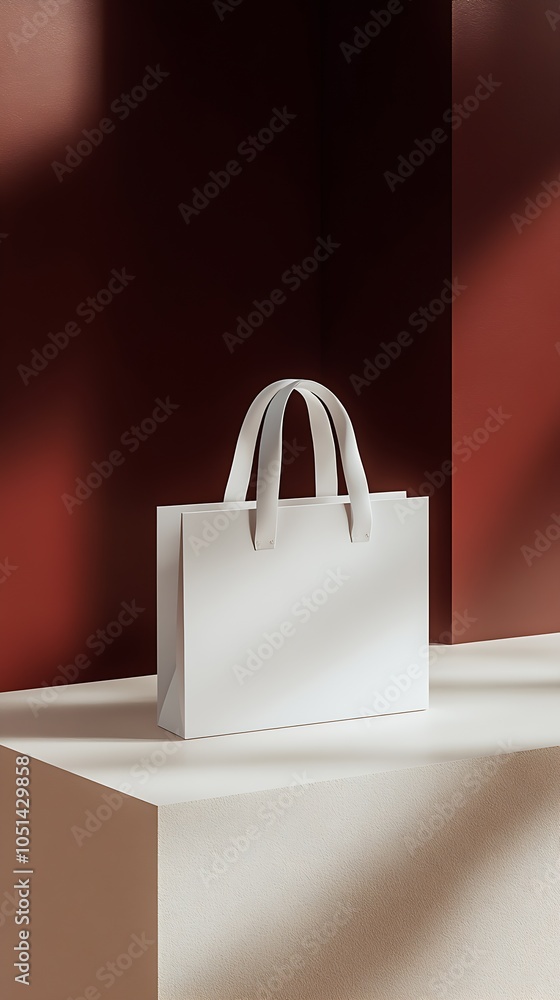 Poster contemporary white shopping bag on minimalist platform with red background : generative ai