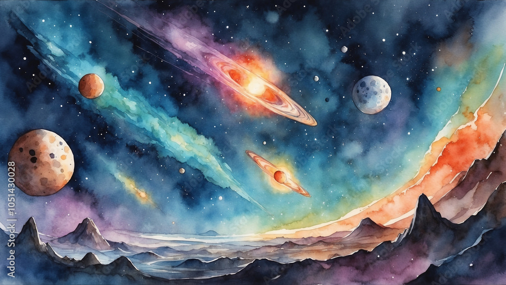 Poster celestial wonders in watercolor with abstract shapes of comets and asteroids in gentle hues