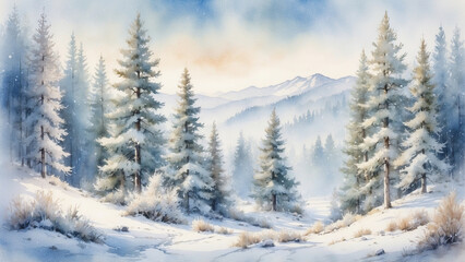 Fototapeta premium Winter landscape with snow-covered trees and mountains in a serene and peaceful atmosphere