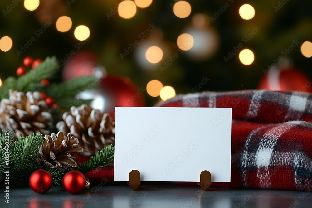 Poster christmas card display on festive holiday setting with glowing lights and pine cones : generative ai