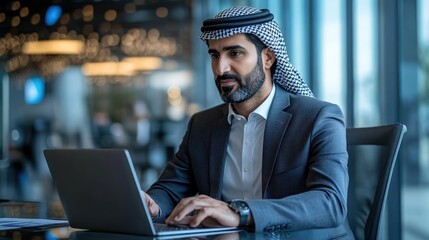 A Man Wearing a Traditional Headscarf Uses a Laptop in an Office Setting