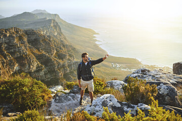Man, selfie and hiking on mountain outdoor with fitness adventure, photography and social media...