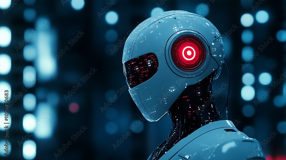 Aufkleber High Tech Android with Glowing Red Circular Eye in Digital Realm : Generative AI