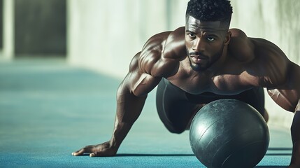 Fototapeta premium Working out man training legs and core ab workout doing lunge twist exercise with medicine ball weight. Gym athlete doing lunges and torso rotations for abs training. 