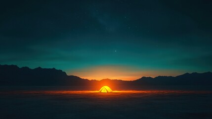 Fototapeta premium A lone tent glows with warm light in the foreground, surrounded by a sea of clouds with distant mountain peaks and a starry sky above.