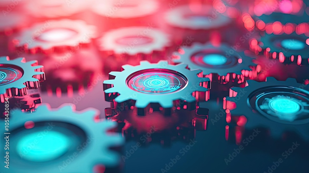 Poster abstract close-up of colorful gears with blue and red lighting effects.