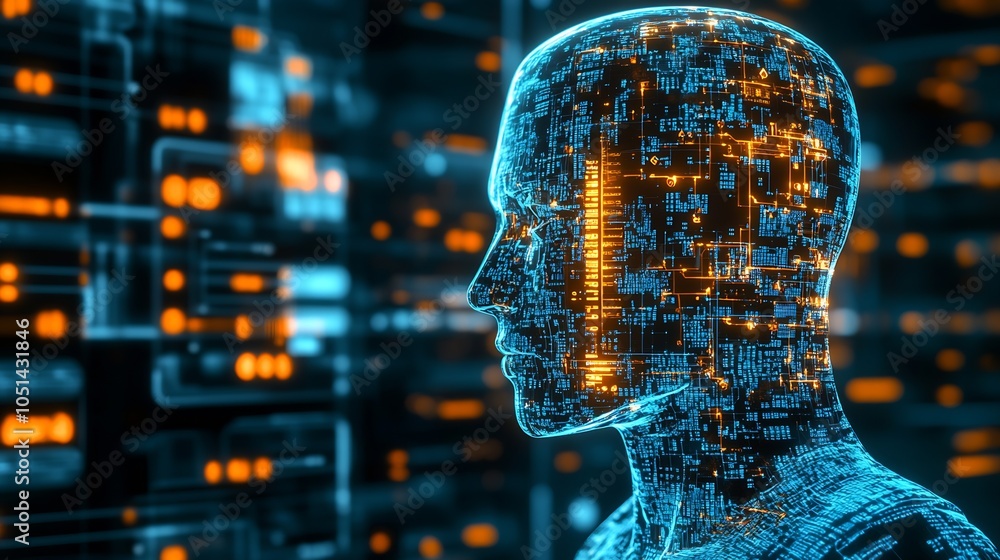 Aufkleber Artificial Intelligence Concept with Human Profile of Circuit Network and Neon Elements : Generative AI