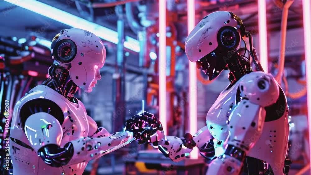 Poster two humanoid robots interacting in a futuristic setting.