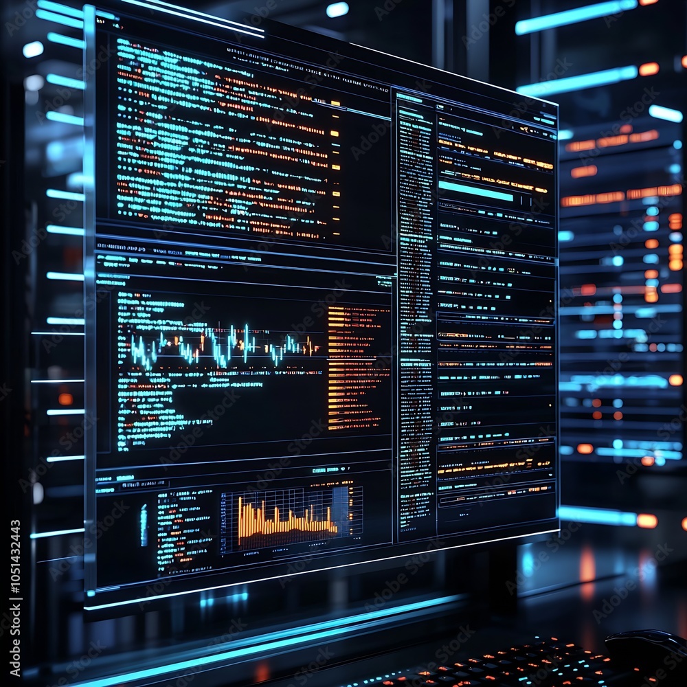 Poster Contemporary Office Displaying Detailed Code and High-tech Data Visualization : Generative AI