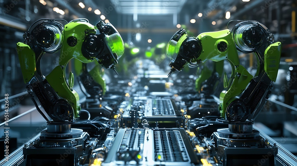 Leinwandbilder green robotic arms in automated assembly line of advanced manufacturing facility : generative ai