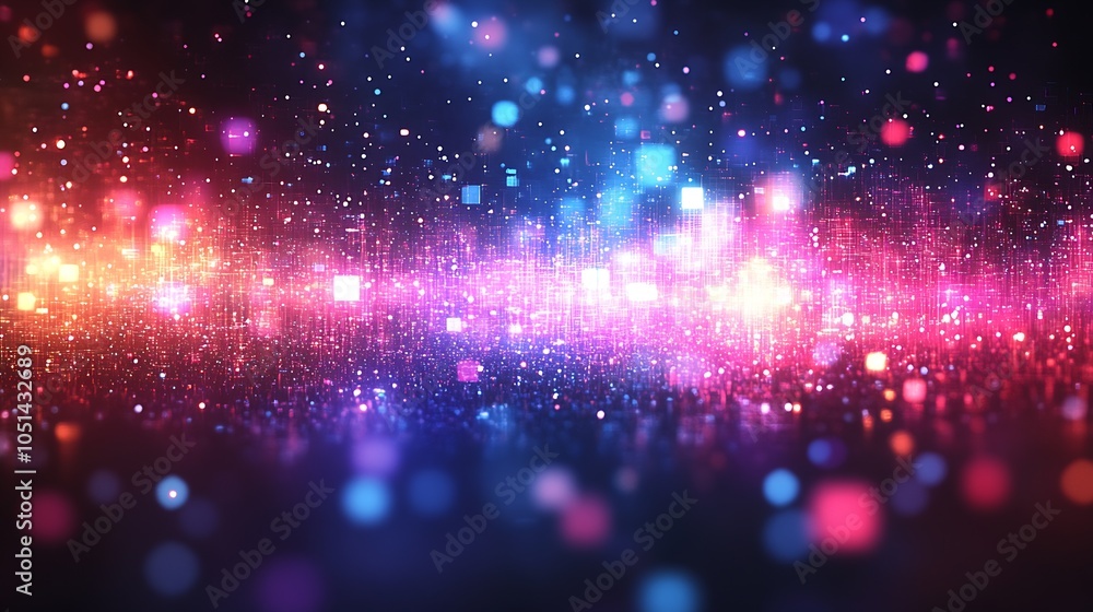 Poster vibrant abstract digital art with sparkling multicolored lights and pixels : generative ai
